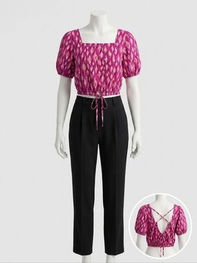 LOFT Pink Ikat Tie-Front Square Neck Crop Top